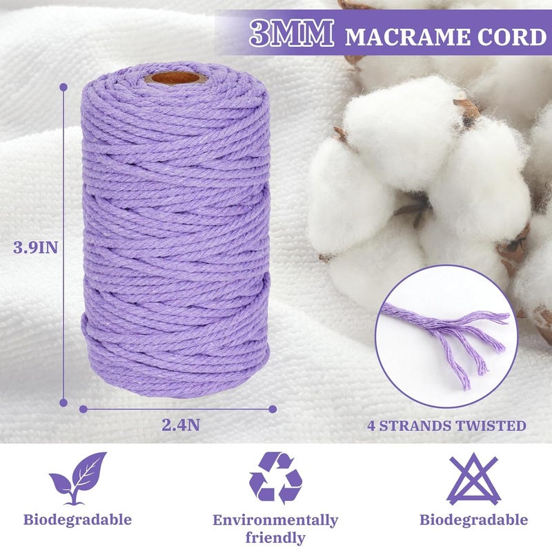 PHUNTTEK Macrame Cord 3mm x 164 Yards, 3 Rolls Purple Colored Macrame Cotton Cord Rope Kit Macrame Yarns Bulk String 4 Strands Twisted for Wall Hanger Plant Hanging DIY Crafts Knitting Macrame Supplies - Image 2
